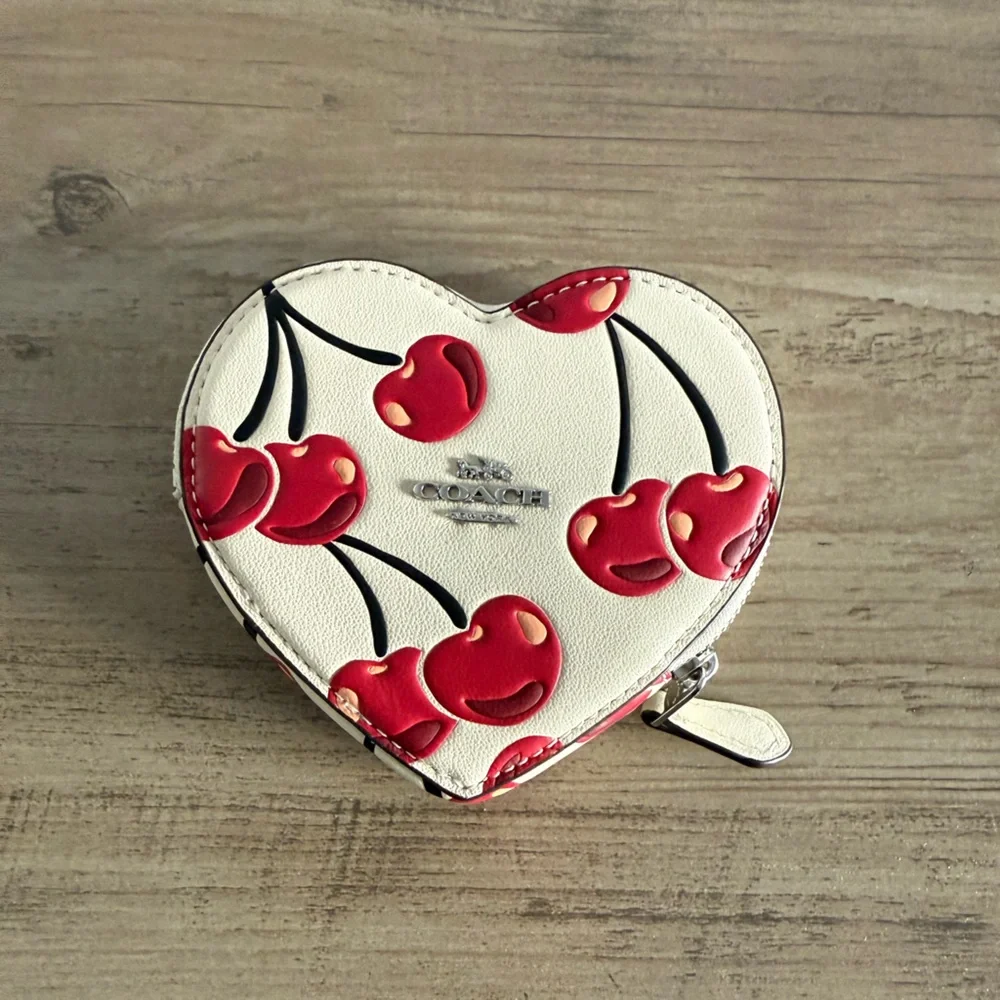 NWT Coach Heart Coin Case With Cherry Print CZ477